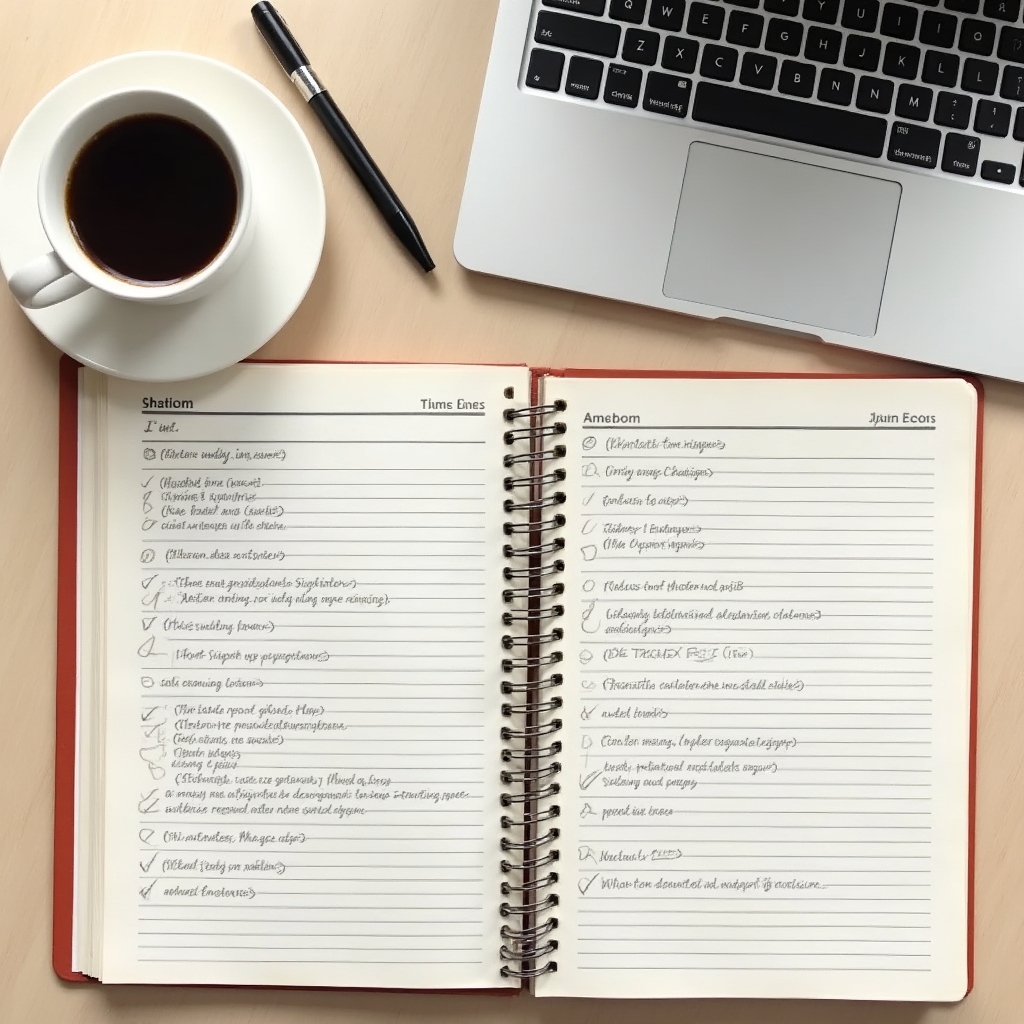 Spiral bound course workbook open to a module worksheet with checkboxes, resting beside a laptop