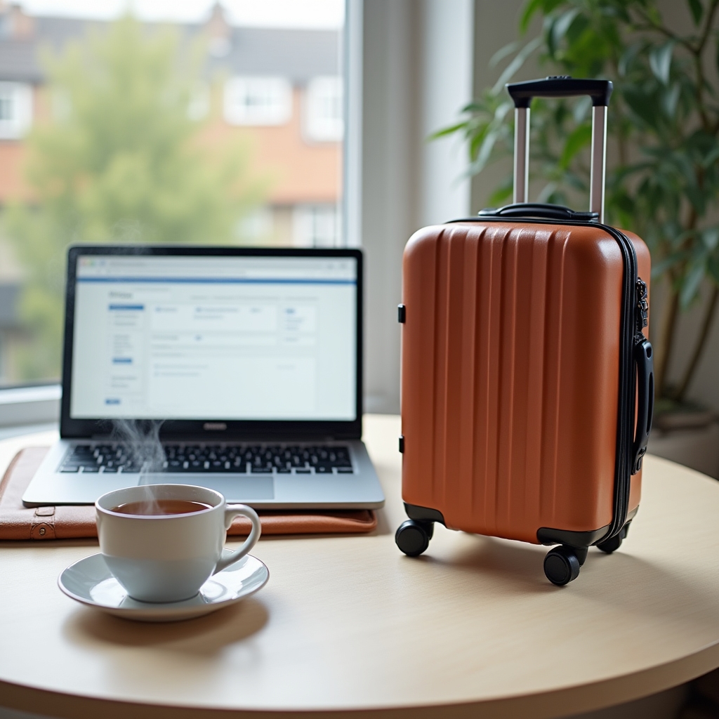 Packed suitcase and travel folder next to a laptop displaying a system checklist for a long weekend trial