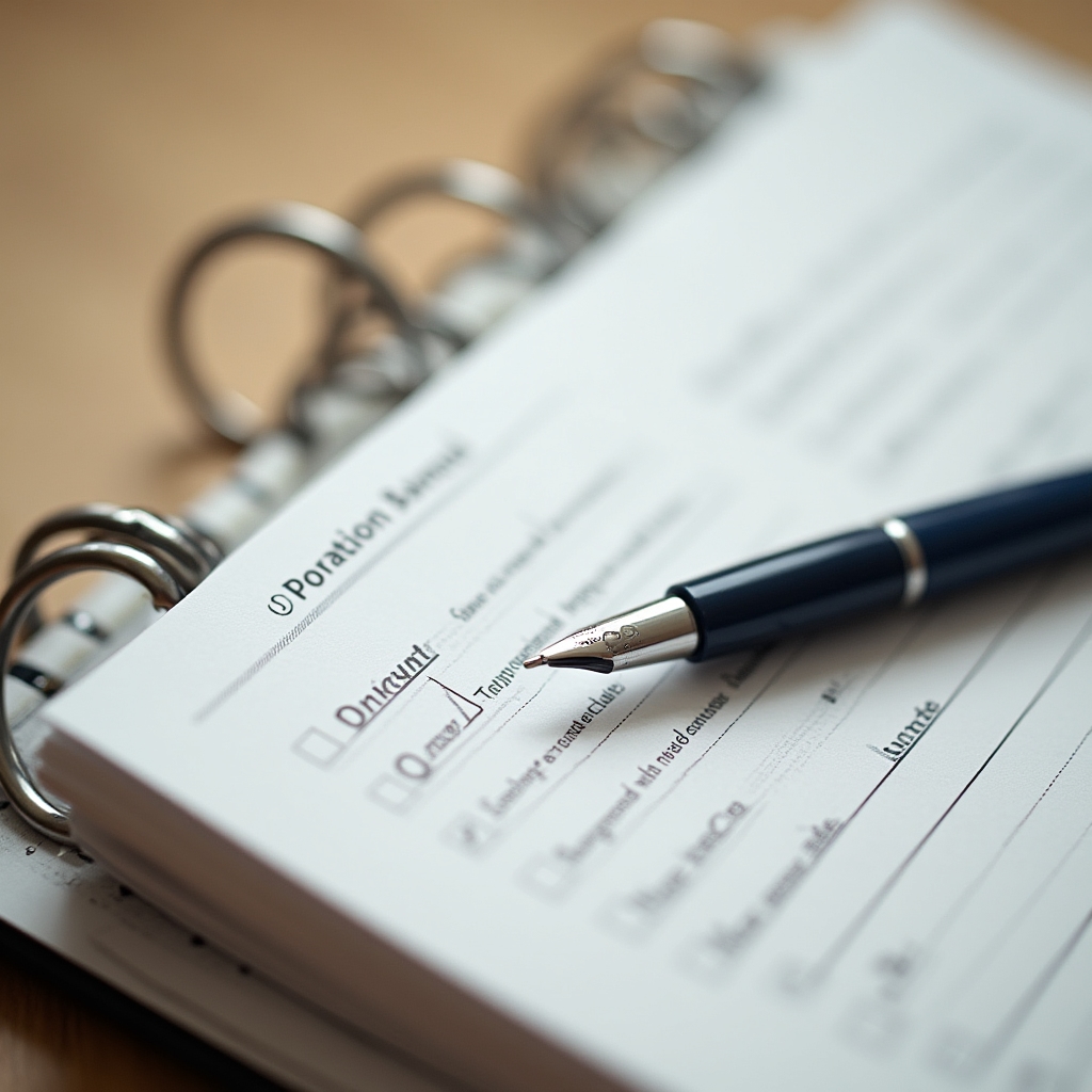 Open ring binder operations manual with tabbed sections on a wooden desk, pen resting on an open page