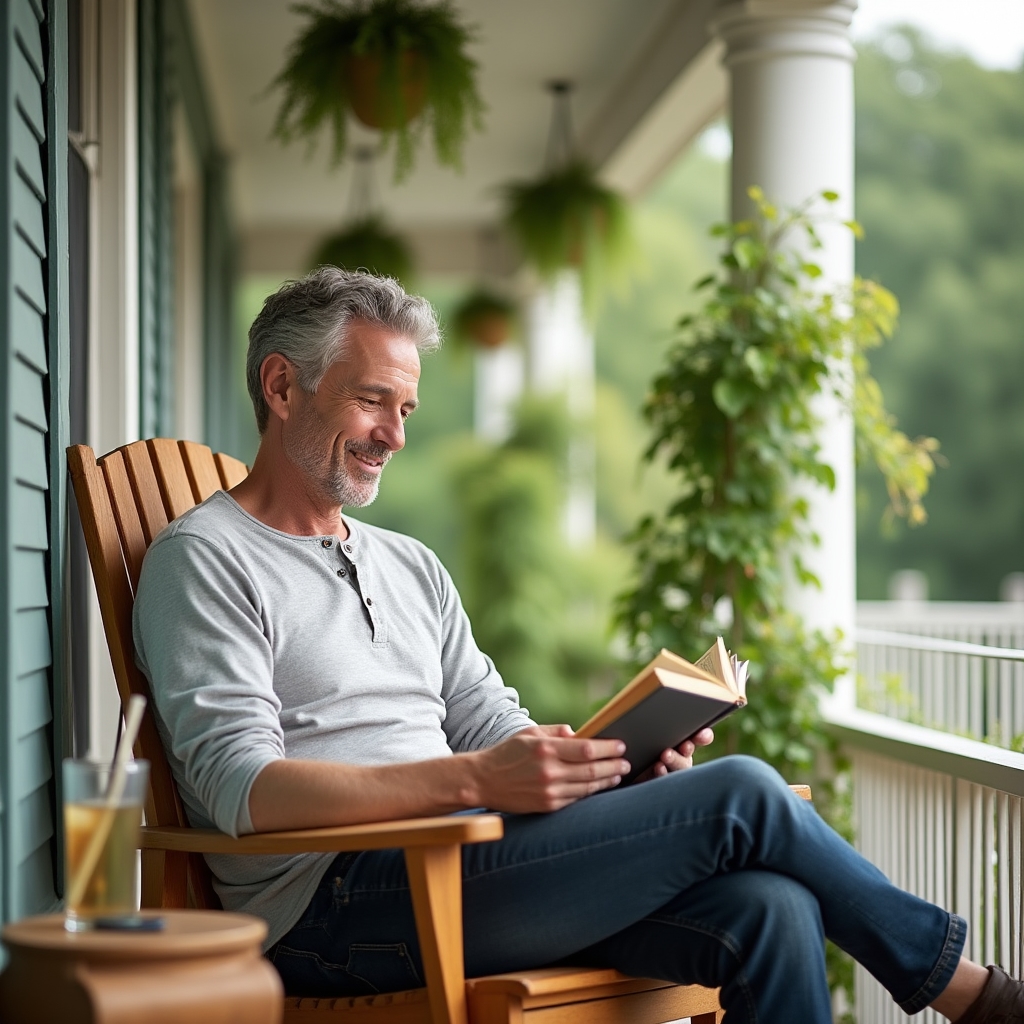 Mid-career solo business owner sitting relaxed on a porch reading a book with a phone face-down beside them