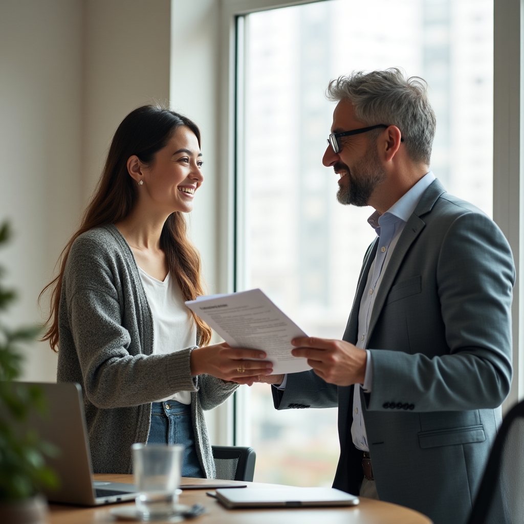 Solopreneur handing a labeled folder of instructions to a part-time backup assistant across a small office table